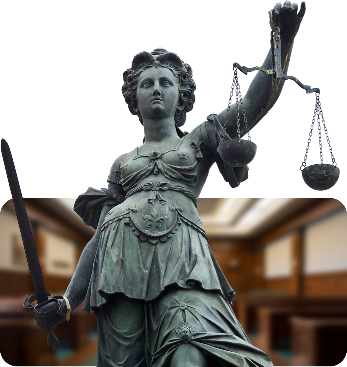 Statue of Lady Justice holding scales and sword.